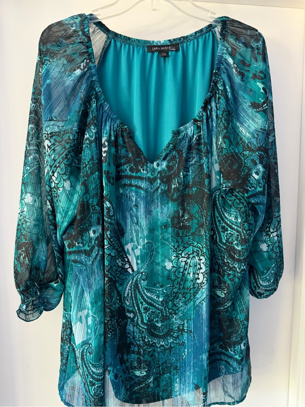 Sara Michelle Turquoise Paisley V-Neck Blouse